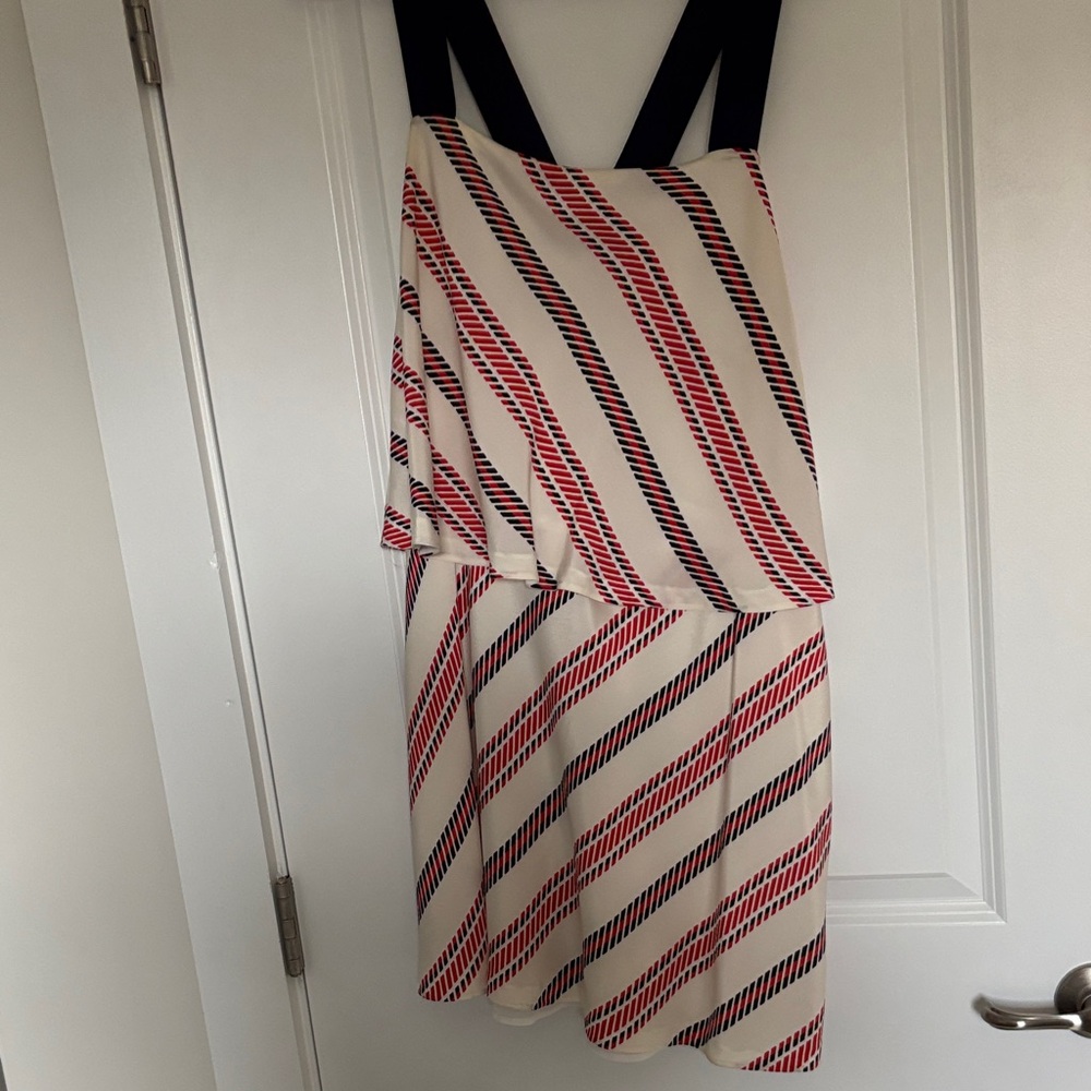 Zara wide strapped Red and navy Striped Dress on cream background with two tier